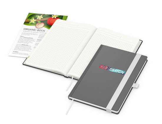 Notizbuch Organic-Book RECYCLING Apfelleder-Hardcover farbig A5, Lineatur Winkelkaro, Material-Infoblatt ja, Siebdruck-Digital inkl.