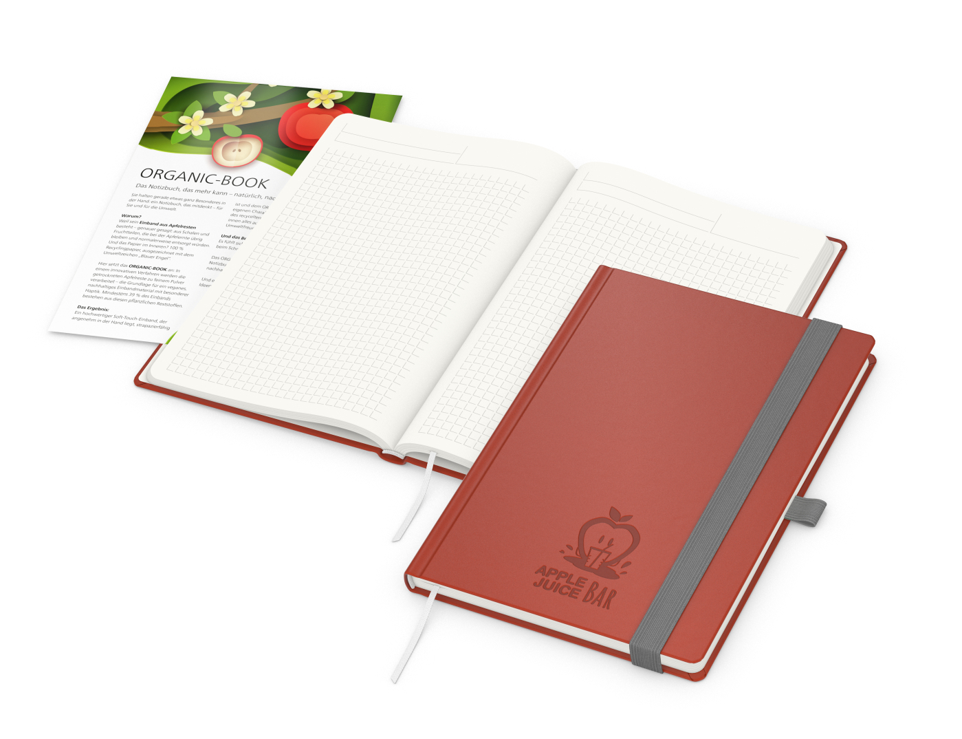 Notizbuch Organic-Book RECYCLING Apfelleder-Hardcover farbig A5, Lineatur Winkelkaro, Material-Infoblatt ja, Blindprägung inkl.