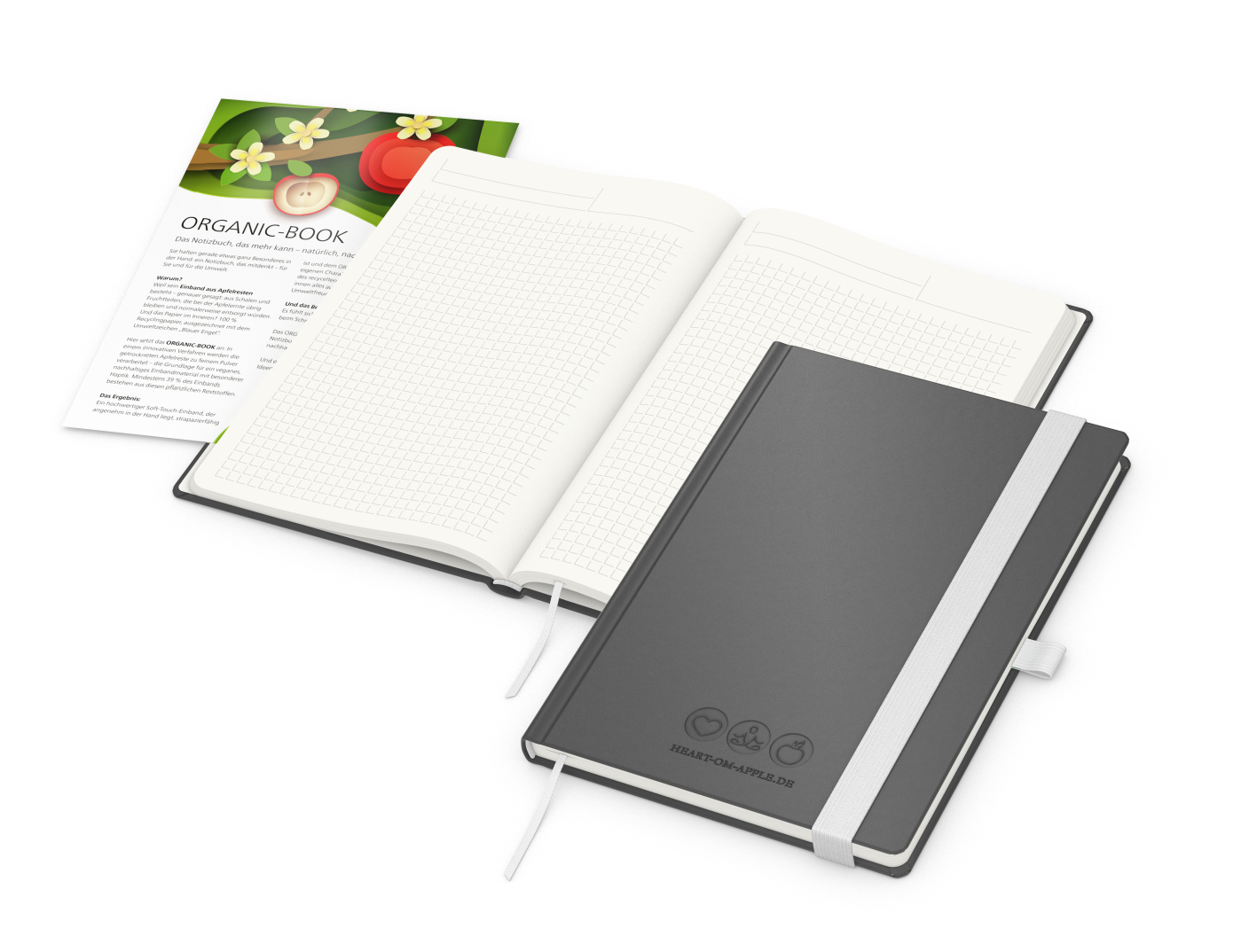Notizbuch Organic-Book RECYCLING Apfelleder-Hardcover farbig A5, Lineatur Winkelkaro, Material-Infoblatt ja, Blindprägung inkl.