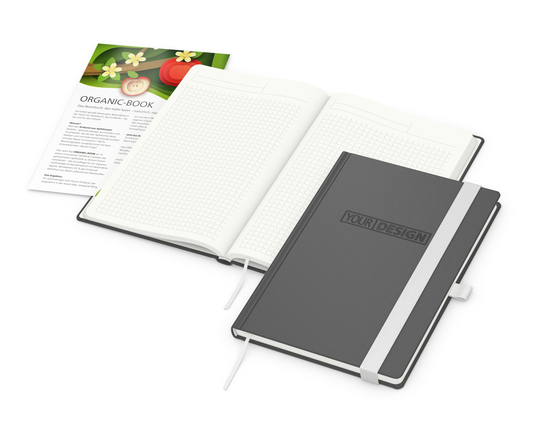 Notizbuch Organic-Book RECYCLING Apfelleder-Hardcover farbig A5, Lineatur Winkelkaro, Material-Infoblatt ja, Blindprägung inkl.