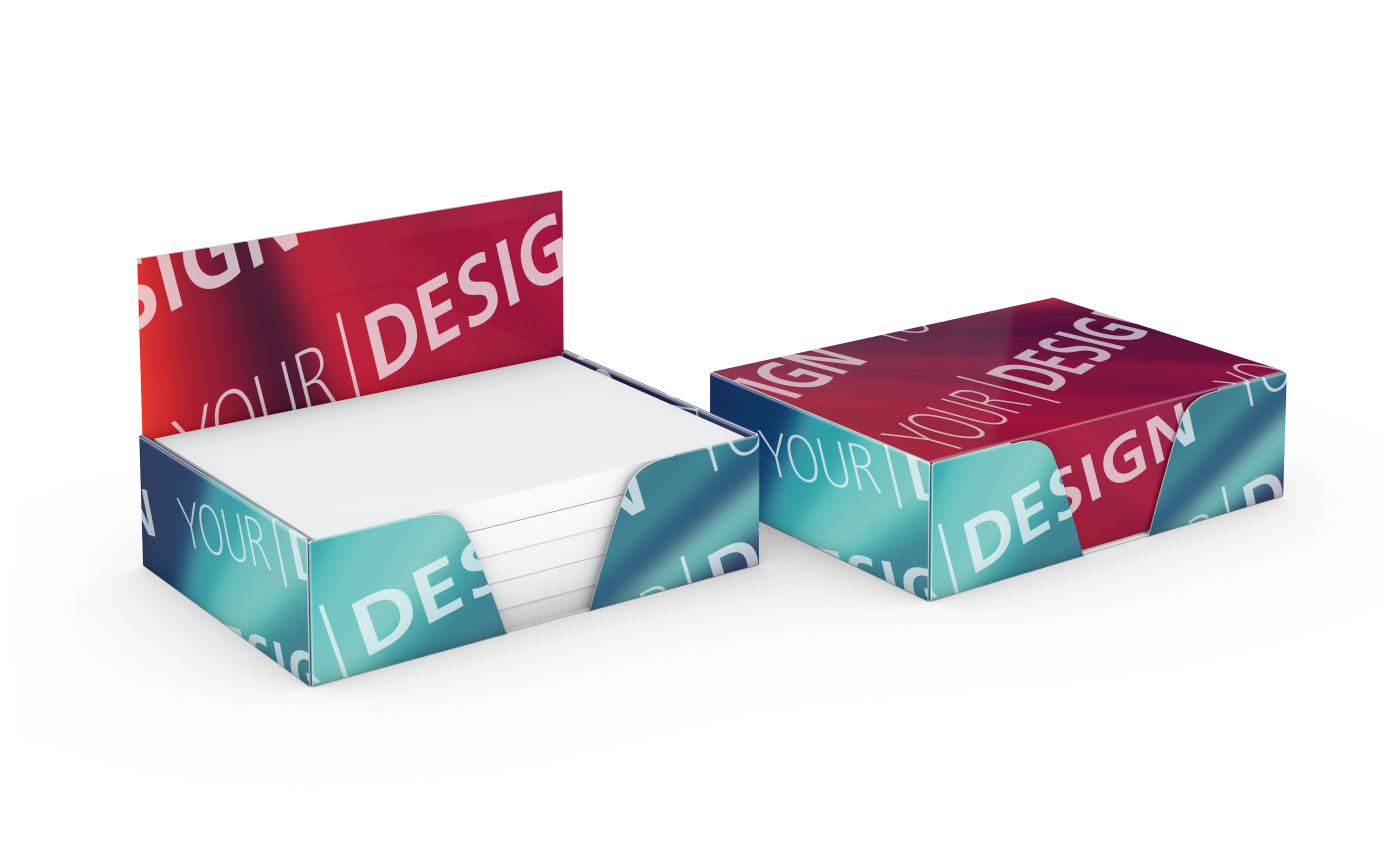 Haftnotiz-Box Pop-Up-Box Haftnotizblöcke weiß Karton-Box individuell bedruckt, 100 × 72 mm, Blattanzahl 250, Haftzettel-Gestaltung weiß
