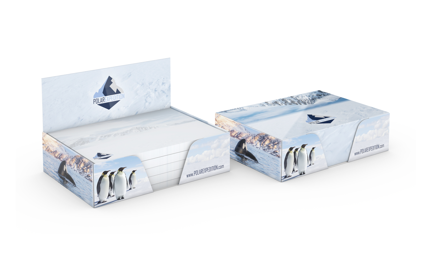 Haftnotiz-Box Pop-Up-Box Haftnotizblöcke weiß Karton-Box individuell bedruckt, 100 × 72 mm, Blattanzahl 250, Haftzettel-Gestaltung individuell