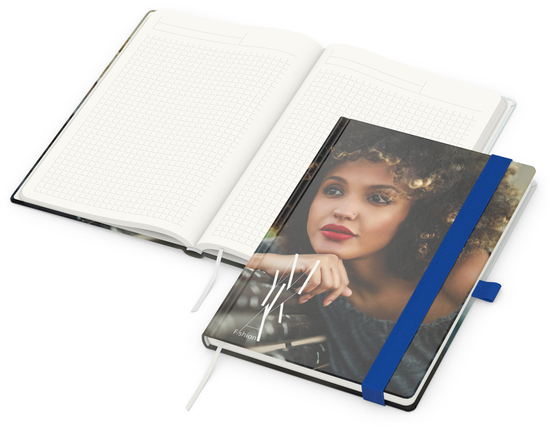 Notizbuch Match-Book RECYCLING Hardcover individuell bedruckt, DIN A5, Lineatur Winkelkaro, Einband-Material recyceltes Naturpapier