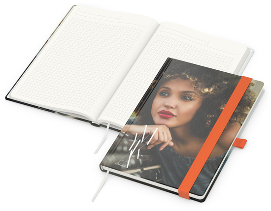 Notizbuch Match-Book RECYCLING Hardcover individuell bedruckt, DIN A5, Lineatur Winkelkaro, Einband-Material recyceltes Naturpapier
