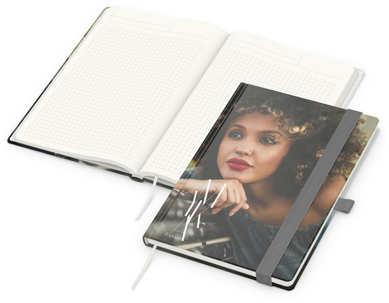 Notizbuch Match-Book RECYCLING Hardcover individuell bedruckt, DIN A5, Lineatur Winkelkaro, Einband-Material recyceltes Naturpapier