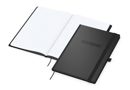 Notizbuch Hardcover Black-Book Ausstattung schwarz, DIN A4, Lineatur Punktraster, Blindprägung inkl.