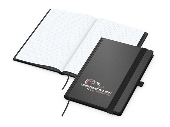 Notizbuch Hardcover Black-Book Ausstattung schwarz, DIN A5, Lineatur Punktraster, Siebdruck-Digital inkl.