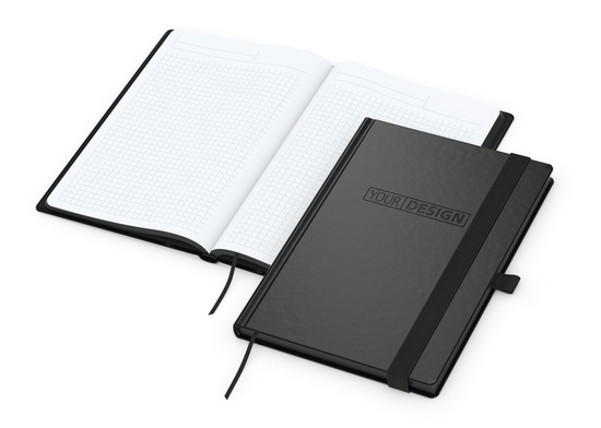Notizbuch Hardcover Black-Book Ausstattung schwarz, DIN A5, Lineatur Winkelkaro, Blindprägung inkl.