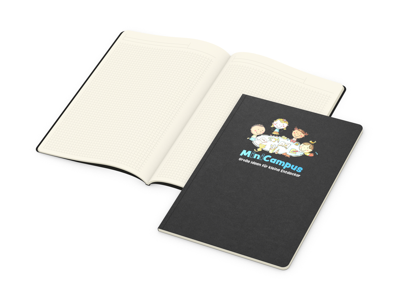 Notizbuch Copy-Book Seiten cremefarben Naturkarton-Softcover farbig, DIN A4, Lineatur Winkelkaro, Siebdruck-Digital inkl.
