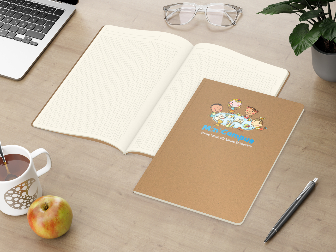 Notizbuch Copy-Book Seiten cremefarben Naturkarton-Softcover farbig, DIN A4, Lineatur Winkelkaro, Siebdruck-Digital inkl.