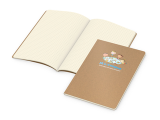 Notizbuch Copy-Book Seiten cremefarben Naturkarton-Softcover farbig, DIN A5, Lineatur Punktraster, Siebdruck-Digital inkl.