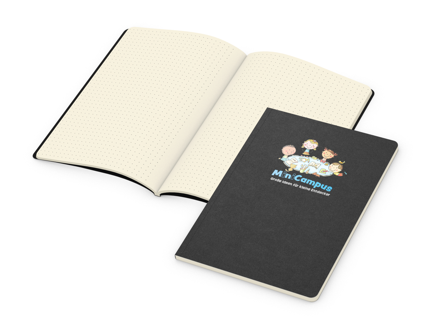 Notizbuch Copy-Book Seiten cremefarben Naturkarton-Softcover farbig, DIN A5, Lineatur Punktraster, Siebdruck-Digital inkl.