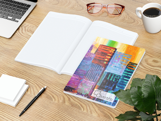 Notizbuch Flexx-Book Umfang groß Karton-Softcover individuell bedruckt, DIN A4, Lineatur Winkelkaro, Einband-Material Naturkarton