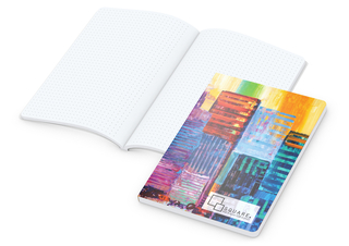 Notizbuch Flexx-Book Umfang groß Karton-Softcover individuell bedruckt, DIN A5, Lineatur Punktraster, Einband-Material Naturkarton