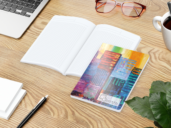 Notizbuch Flexx-Book Umfang groß Karton-Softcover individuell bedruckt, DIN A5, Lineatur Winkelkaro, Einband-Material Karton glänzend