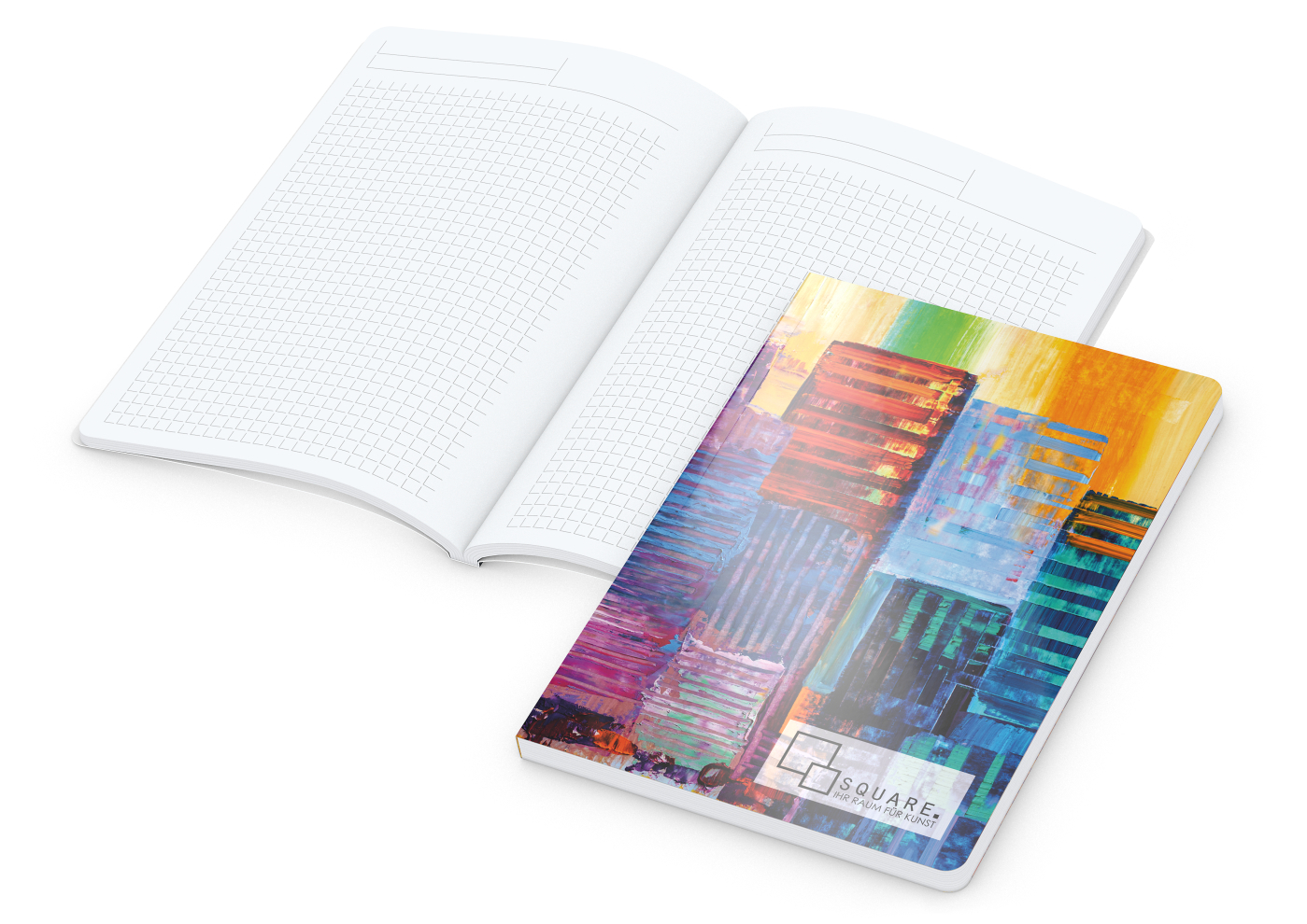 Notizbuch Flexx-Book Umfang groß Karton-Softcover individuell bedruckt, DIN A5, Lineatur Winkelkaro, Einband-Material Karton matt