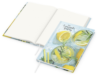 Notizbuch Note-Book RECYCLING Ecken spitz Papier-Hardcover individuell bedruckt, DIN A4, Lineatur Punktraster, Einband-Material recyceltes Naturpapier