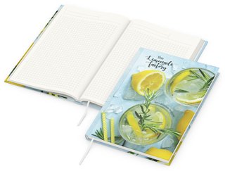 Notizbuch Note-Book RECYCLING Ecken spitz Papier-Hardcover individuell bedruckt, DIN A4, Lineatur Winkelkaro, Einband-Material recyceltes Papier matt