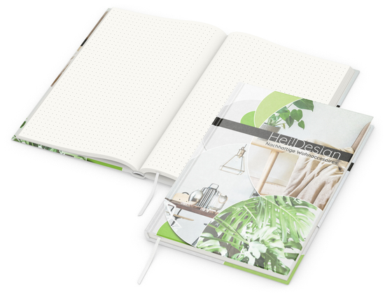 Notizbuch Note-Book RECYCLING Ecken spitz Papier-Hardcover individuell bedruckt, DIN A5, Lineatur Punktraster, Einband-Material recyceltes Naturpapier