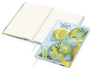 Notizbuch Note-Book RECYCLING Ecken spitz Papier-Hardcover individuell bedruckt, DIN A5, Lineatur Punktraster, Einband-Material recyceltes Papier matt