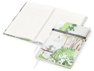 Notizbuch Note-Book RECYCLING Ecken spitz Papier-Hardcover individuell bedruckt, DIN A5, Lineatur Winkelkaro, Einband-Material recyceltes Naturpapier