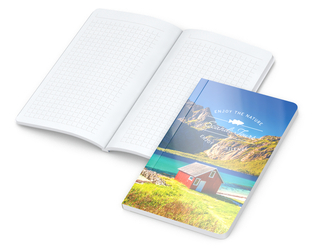 Notizbuch Copy-Book Umfang klein Karton-Softcover individuell bedruckt, Papierformat/Lineatur 94 × 152 mm / Winkelkaro, Einband-Oberfläche matt