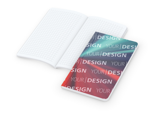 Notizbuch Copy-Book Umfang klein Karton-Softcover individuell bedruckt, Papierformat/Lineatur 94 × 152 mm / Winkelkaro, Einband-Oberfläche matt