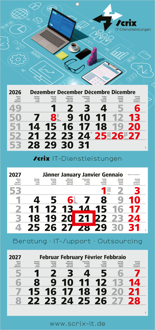 3-Monatskalender Mehrblock Maxi Light 3 mehrsprachig, Länderausgabe Österreich (D/GB/F/I)