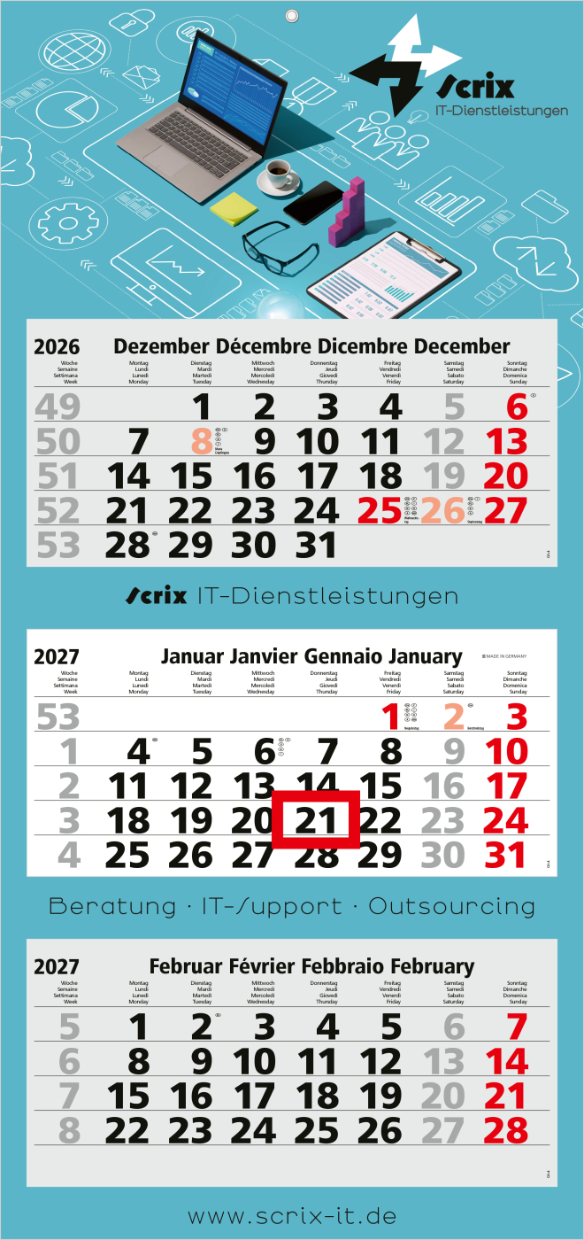 3-Monatskalender Mehrblock Maxi Light 3 mehrsprachig, Länderausgabe Schweiz (D/F/I/GB)