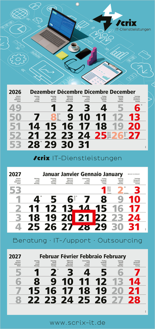 3-Monatskalender Mehrblock Maxi Light 3 mehrsprachig, Länderausgabe Schweiz (D/F/I/GB)