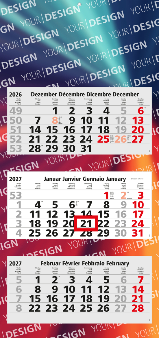 3-Monatskalender Mehrblock Maxi Light 3 mehrsprachig, Länderausgabe Schweiz (D/F/I/GB)