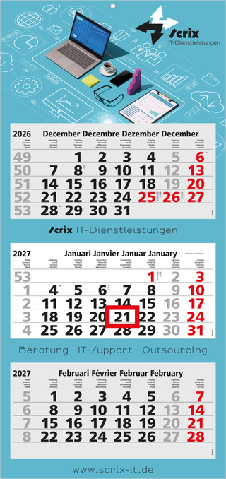 3-Monatskalender Mehrblock Maxi Light 3 mehrsprachig, Länderausgabe Benelux (NL/F/D/GB)