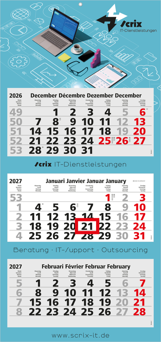 3-Monatskalender Mehrblock Maxi Light 3 mehrsprachig, Länderausgabe Benelux (NL/F/D/GB)