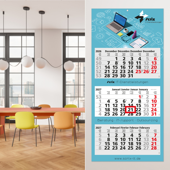 3-Monatskalender Mehrblock Maxi Light 3 mehrsprachig, Länderausgabe Benelux (NL/F/D/GB)