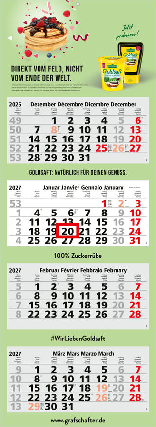 4-Monatskalender Mehrblock Quadro Light 4 mehrsprachig, Länderausgabe Schweiz (D/F/I/GB)