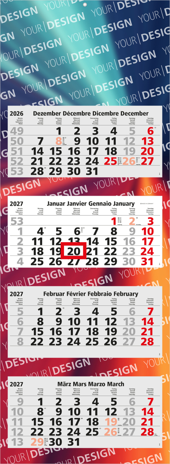 4-Monatskalender Mehrblock Quadro Light 4 mehrsprachig, Länderausgabe Schweiz (D/F/I/GB)