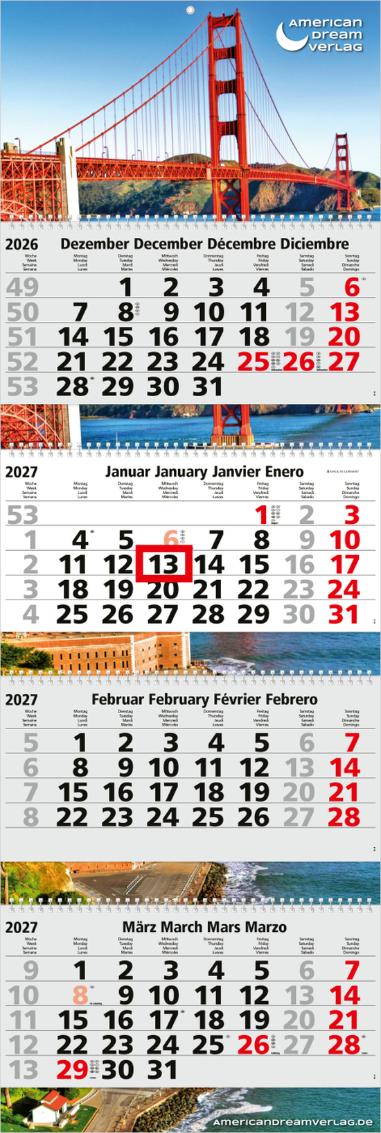 4-Monatskalender Mehrblock Quadro Wire-O 4 Wire-O-Bindung