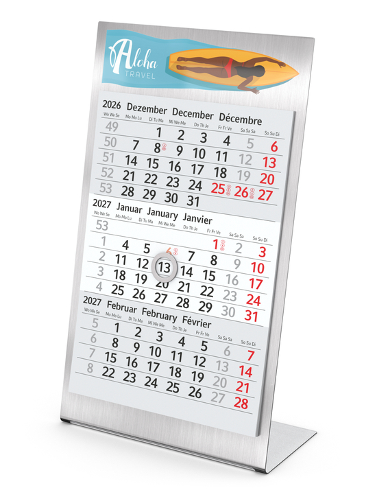 Tischkalender Desktop 3 Steel Edelstahl-Aufsteller gebürstet, Kalendariumslaufzeit 2 Jahre