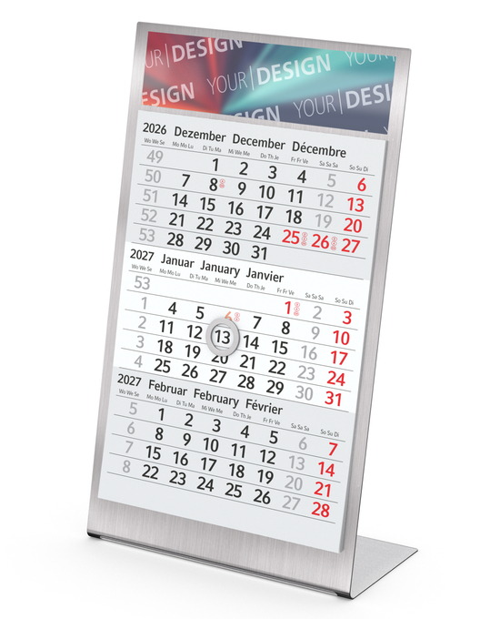 Tischkalender Desktop 3 Steel Edelstahl-Aufsteller gebürstet, Kalendariumslaufzeit 2 Jahre