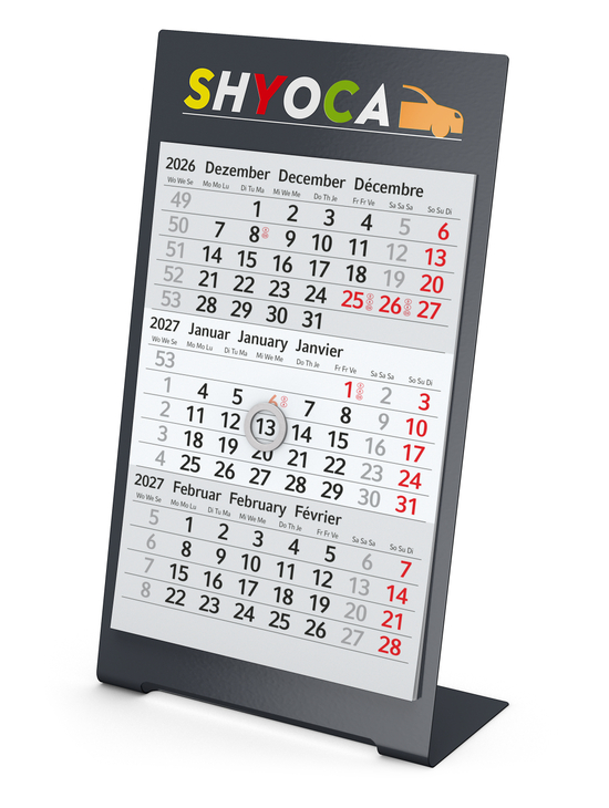 Tischkalender Desktop 3 Color Metallaufsteller farbbeschichtet, Kalendariumslaufzeit 1 Jahr