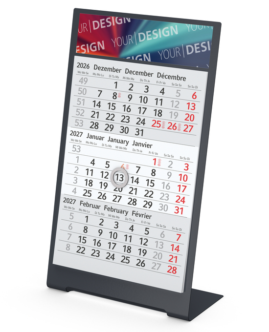 Tischkalender Desktop 3 Color Metallaufsteller farbbeschichtet, Kalendariumslaufzeit 1 Jahr