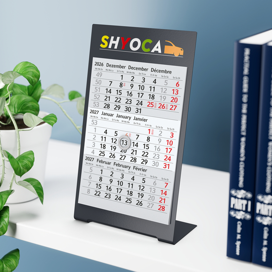 Tischkalender Desktop 3 Color Metallaufsteller farbbeschichtet, Kalendariumslaufzeit 1 Jahr