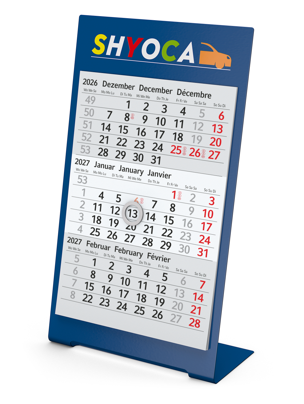 Tischkalender Desktop 3 Color Metallaufsteller farbbeschichtet, Kalendariumslaufzeit 1 Jahr