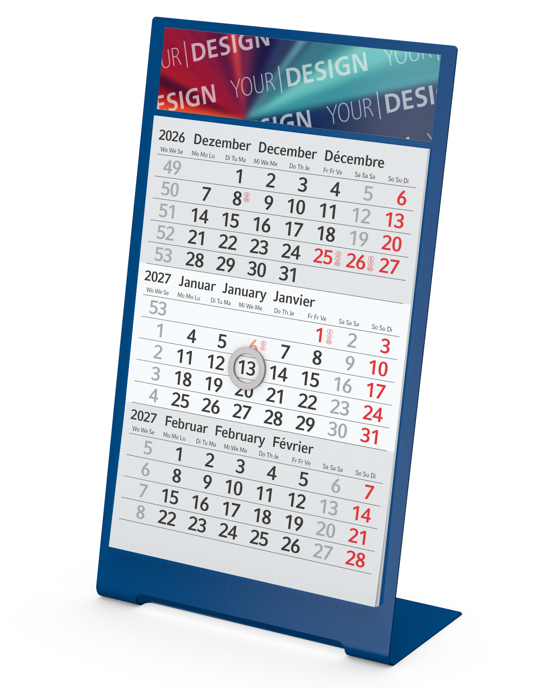 Tischkalender Desktop 3 Color Metallaufsteller farbbeschichtet, Kalendariumslaufzeit 1 Jahr