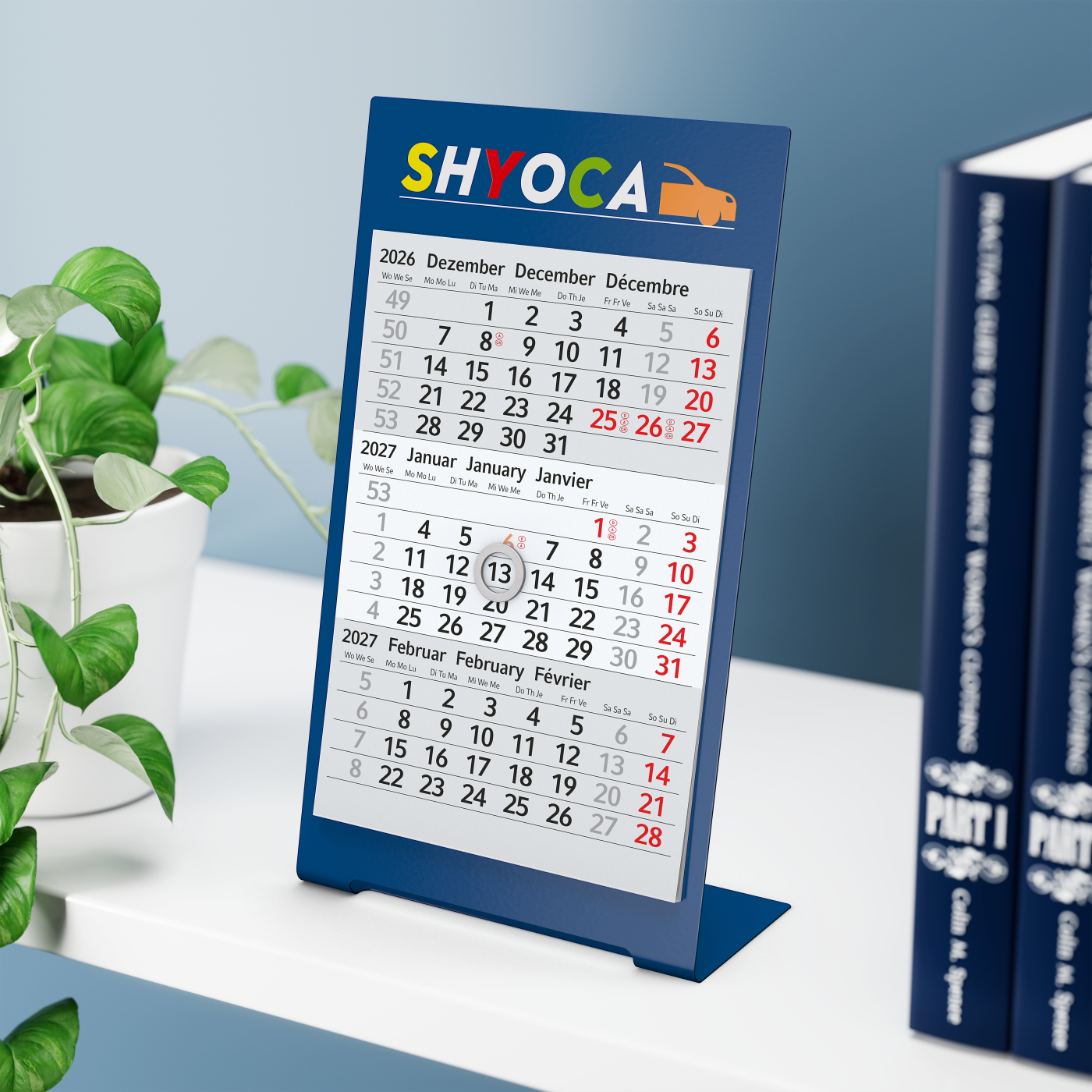 Tischkalender Desktop 3 Color Metallaufsteller farbbeschichtet, Kalendariumslaufzeit 1 Jahr