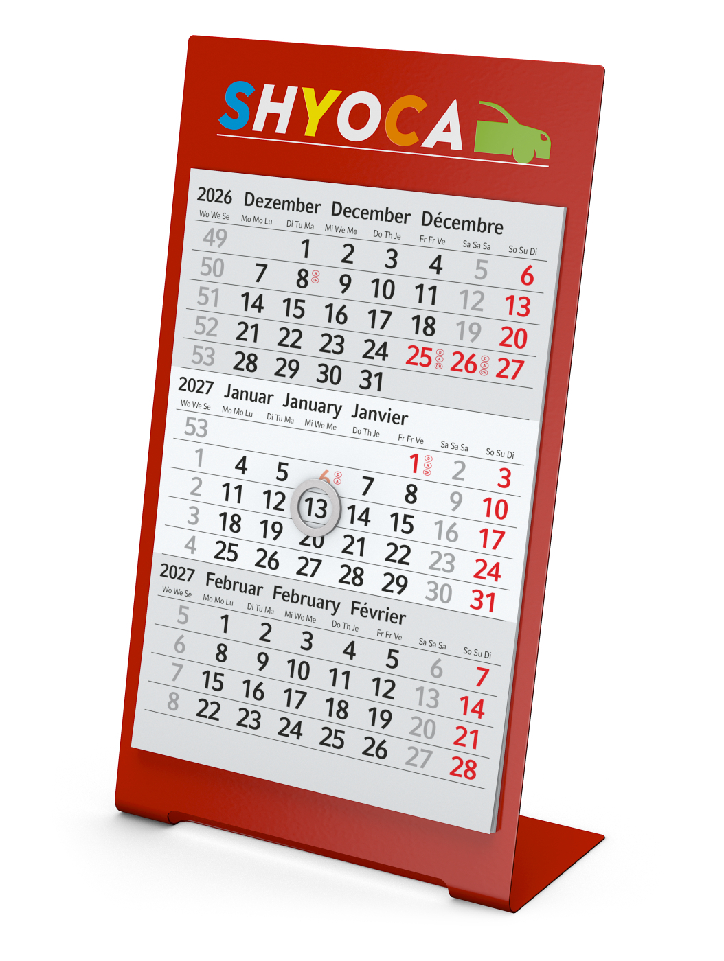 Tischkalender Desktop 3 Color Metallaufsteller farbbeschichtet, Kalendariumslaufzeit 1 Jahr