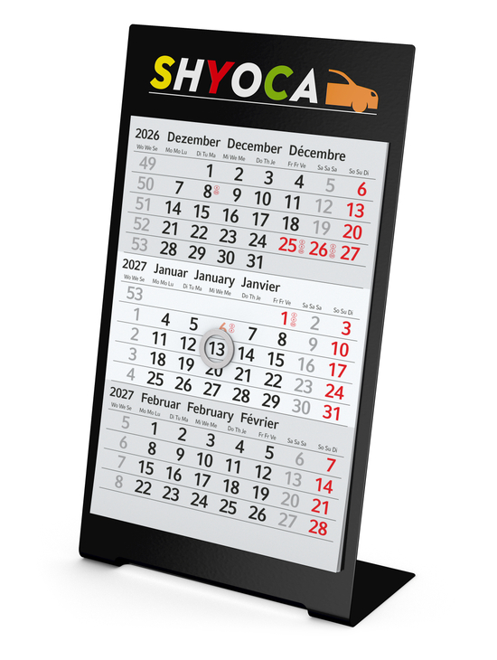 Tischkalender Desktop 3 Color Metallaufsteller farbbeschichtet, Kalendariumslaufzeit 1 Jahr