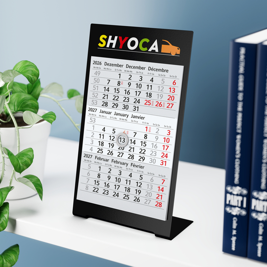 Tischkalender Desktop 3 Color Metallaufsteller farbbeschichtet, Kalendariumslaufzeit 1 Jahr