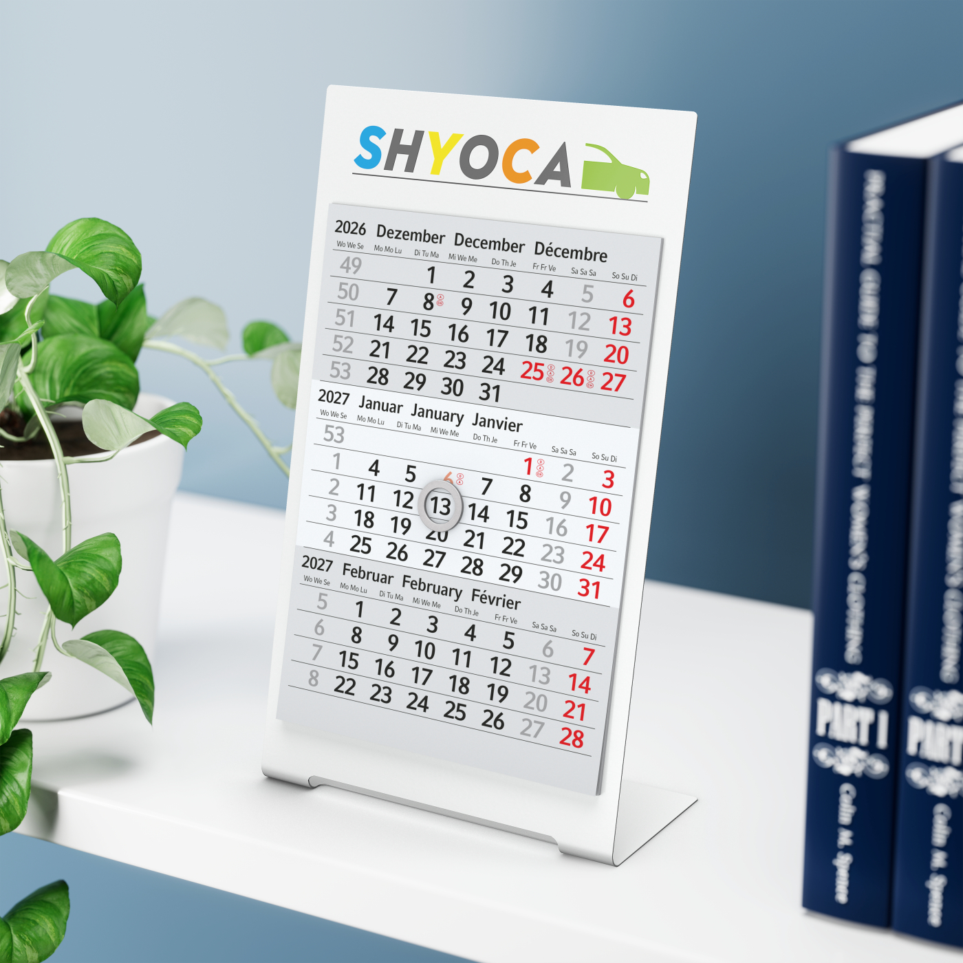 Tischkalender Desktop 3 Color Metallaufsteller farbbeschichtet, Kalendariumslaufzeit 1 Jahr
