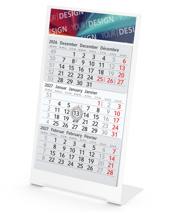 Tischkalender Desktop 3 Color Metallaufsteller farbbeschichtet, Kalendariumslaufzeit 1 Jahr